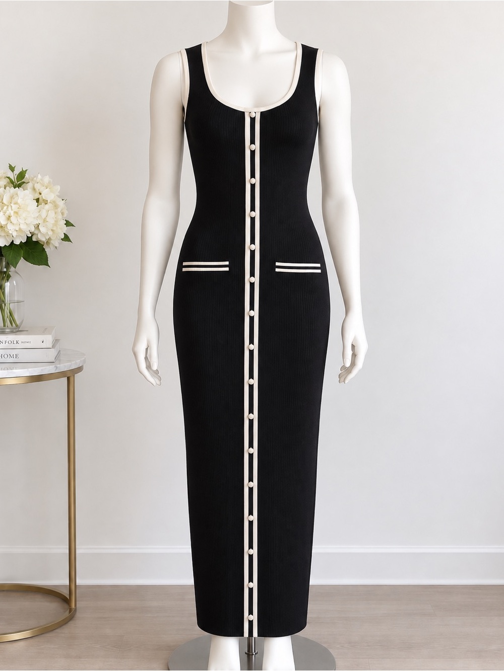 Torn by Ronny Kobo Black Sleeveless Ribbed Dress with White Trim